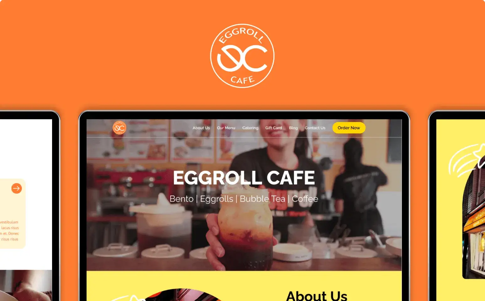 Screenshot of the Eggroll Cafe website showing a person holding a drink at the counter, with the text “Eggroll Cafe: Bento | Eggrolls | Bubble Tea | Coffee” and a menu bar at the top. Eggroll Cafe’s logo is above.