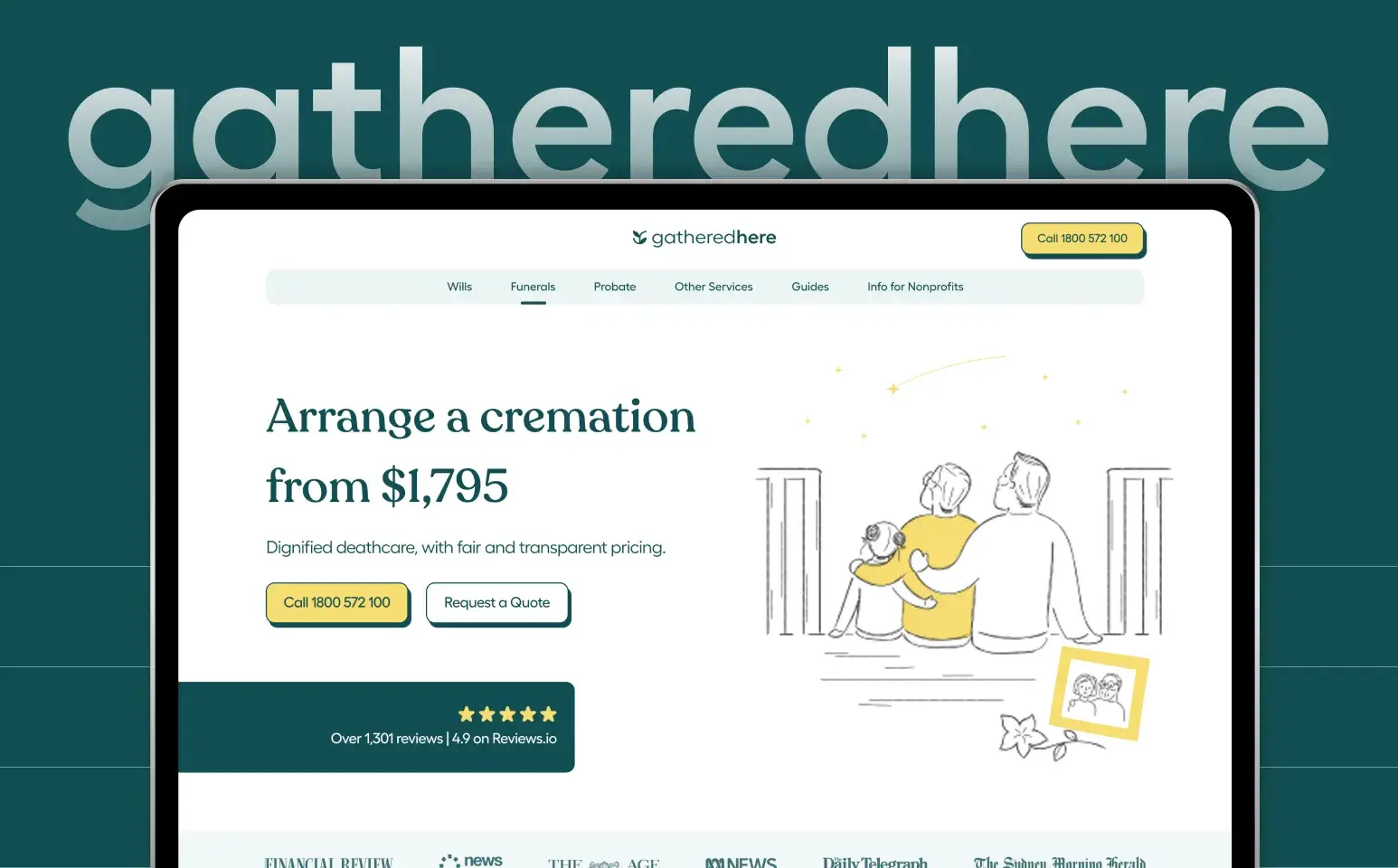 A website homepage for Gathered Here offers cremation services from $1,795. The page features a drawing of three people sitting together, a photo frame with a flower, and buttons to call or request a quote.