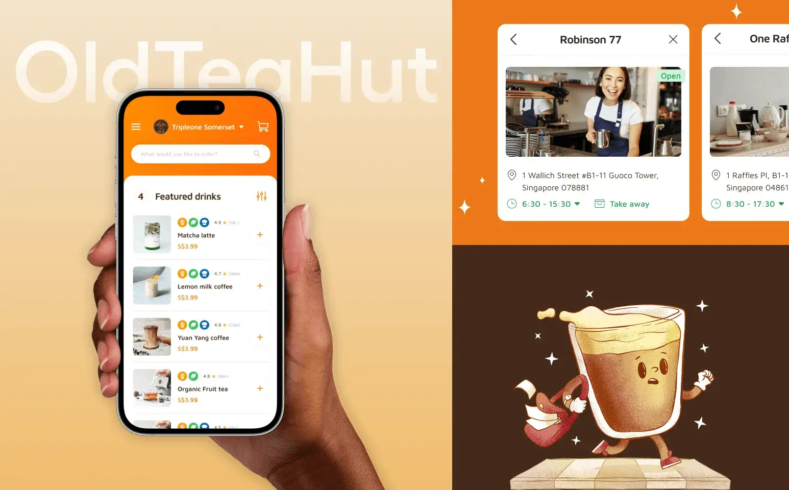 A hand holds a smartphone showing a tea shop app interface. To the right, a female barista smiles in a café and below is a cheerful cartoon bubble tea cup character running with a straw. OldTeaHut is seen in the background.