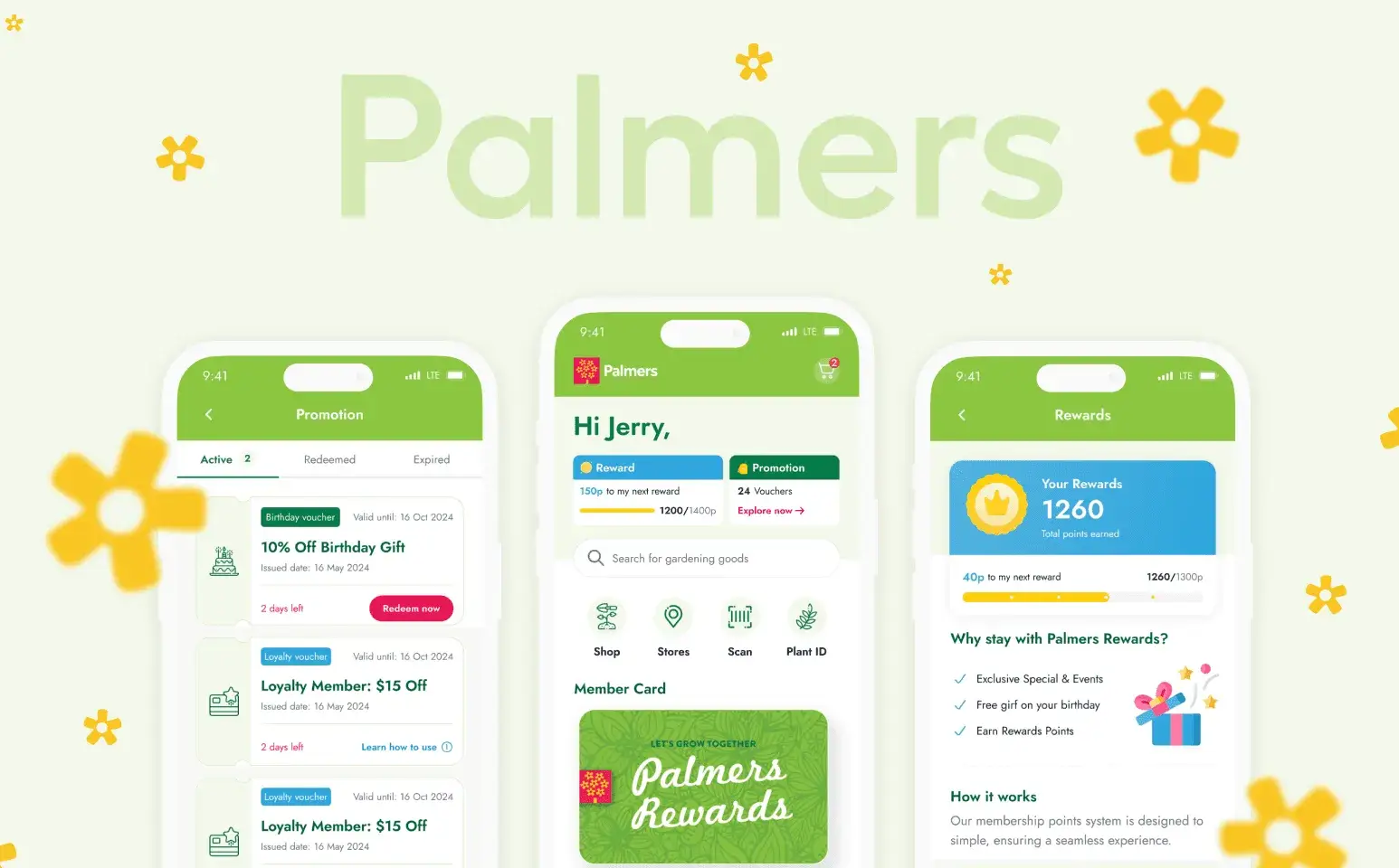 Three smartphone screens display the Palmers app interface, showcasing promotions, a rewards dashboard, and a digital rewards card, all in a green-and-white color scheme with “Palmers” written above.