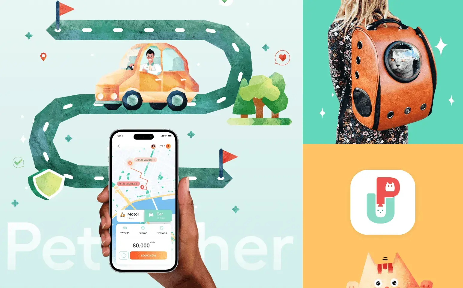 Illustration of a person driving a car on a winding road, a hand holding a phone with a pet transport app, a woman carrying a cat in a brown backpack, and a pet app logo with a cartoon cat and dog.