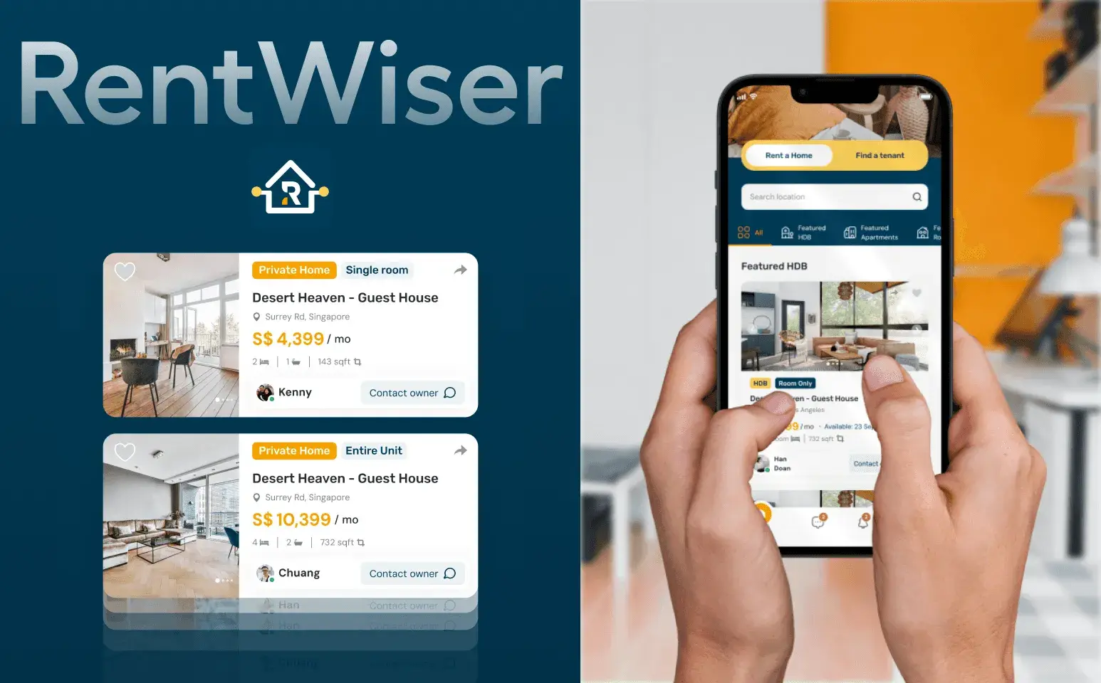 A promotional image for RentWiser: on the left, two rental listings with prices, photos, and host names; on the right, hands hold a smartphone showing a rental search app interface with property images.