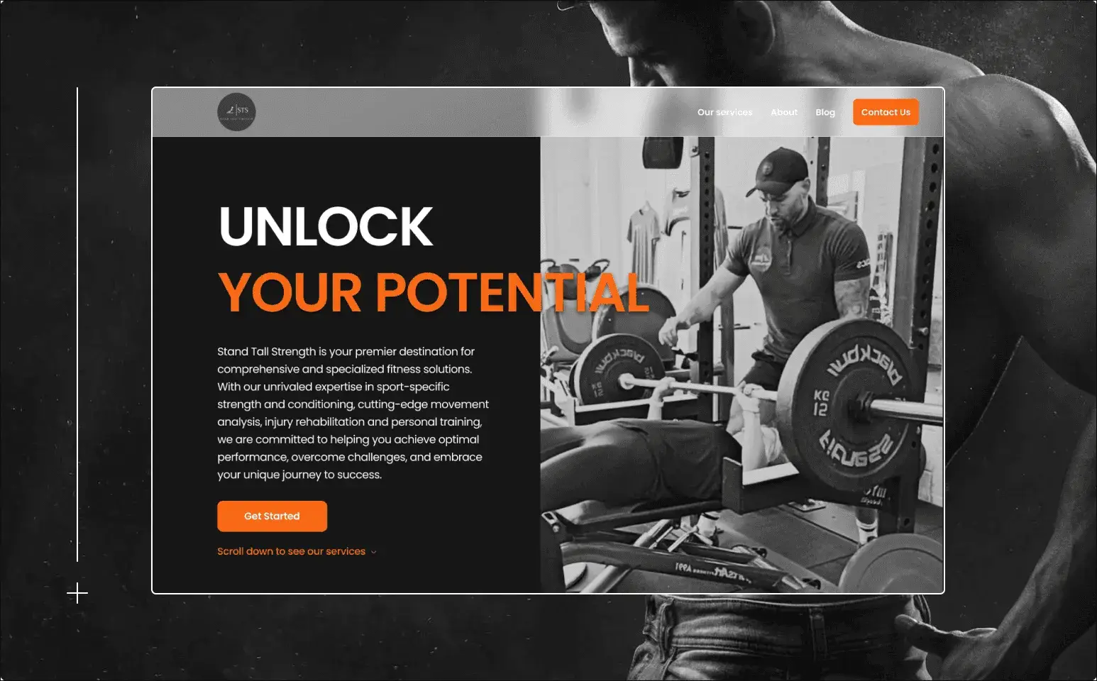 A fitness website landing page shows a black-and-white photo of a trainer assisting a person lifting weights, with bold text reading Unlock Your Potential and a button labeled Get Started.