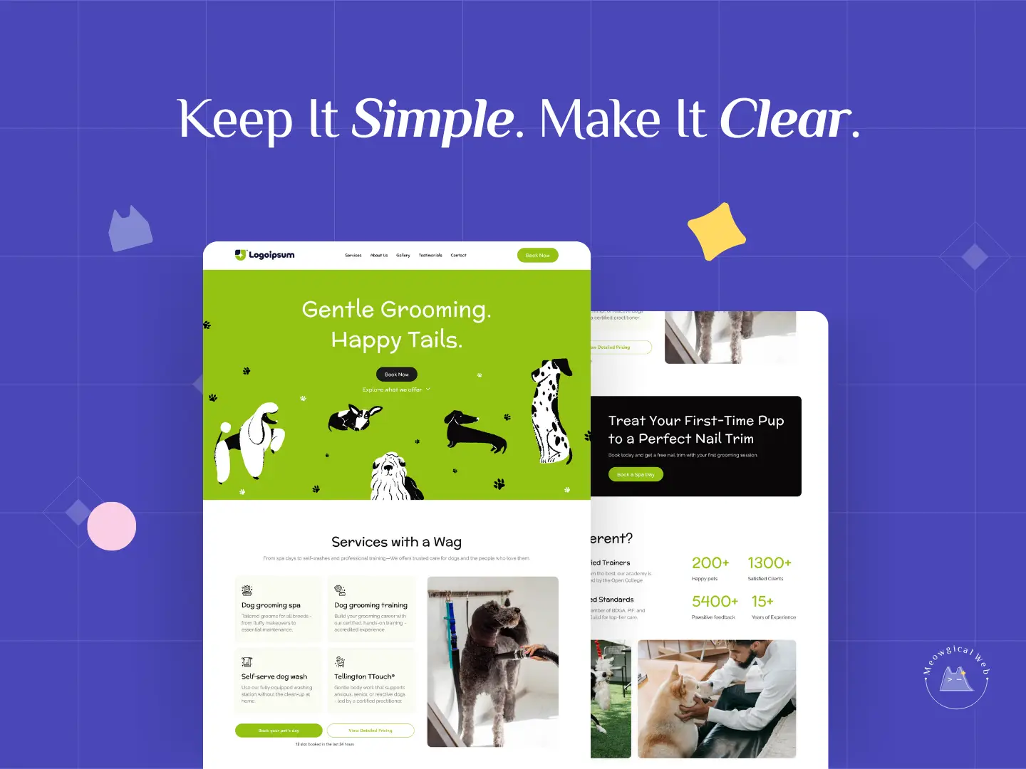 Example of a clean, simple pet grooming website design with green and white colors, showing clarity and minimal layout.