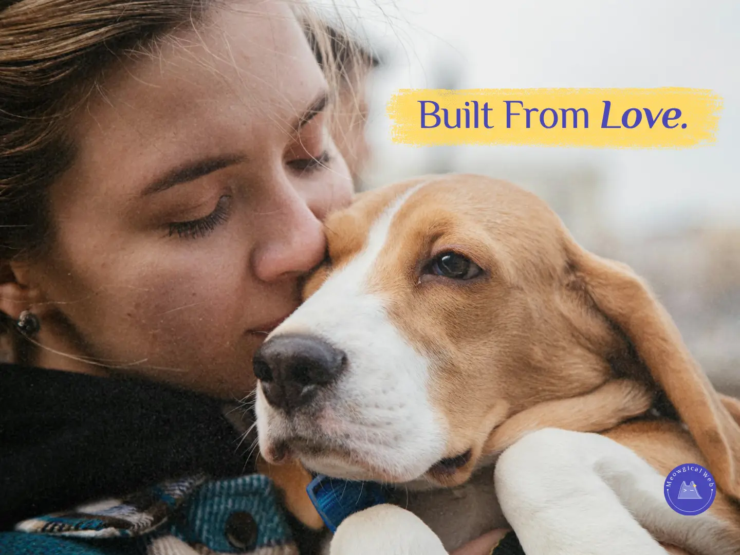 Woman lovingly hugging a dog, symbolizing warmth and emotional connection in pet brand design.