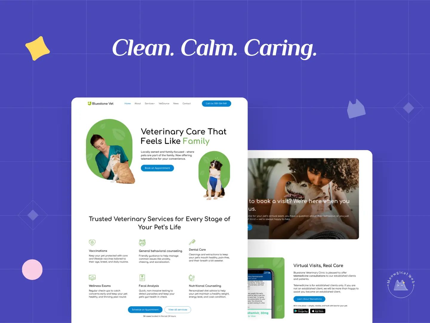 Mockup of a calm veterinary website layout with soft greens and clean sections, showing gentle and approachable design.