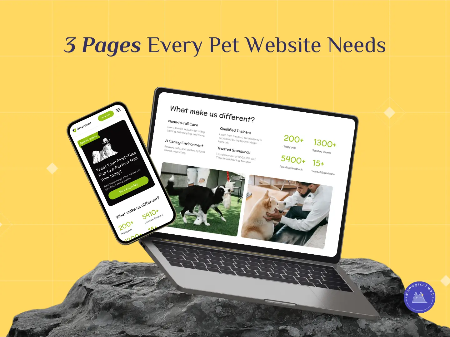 A laptop and a mobile phone showing pet website designs that highlight About, Services, and Contact pages.