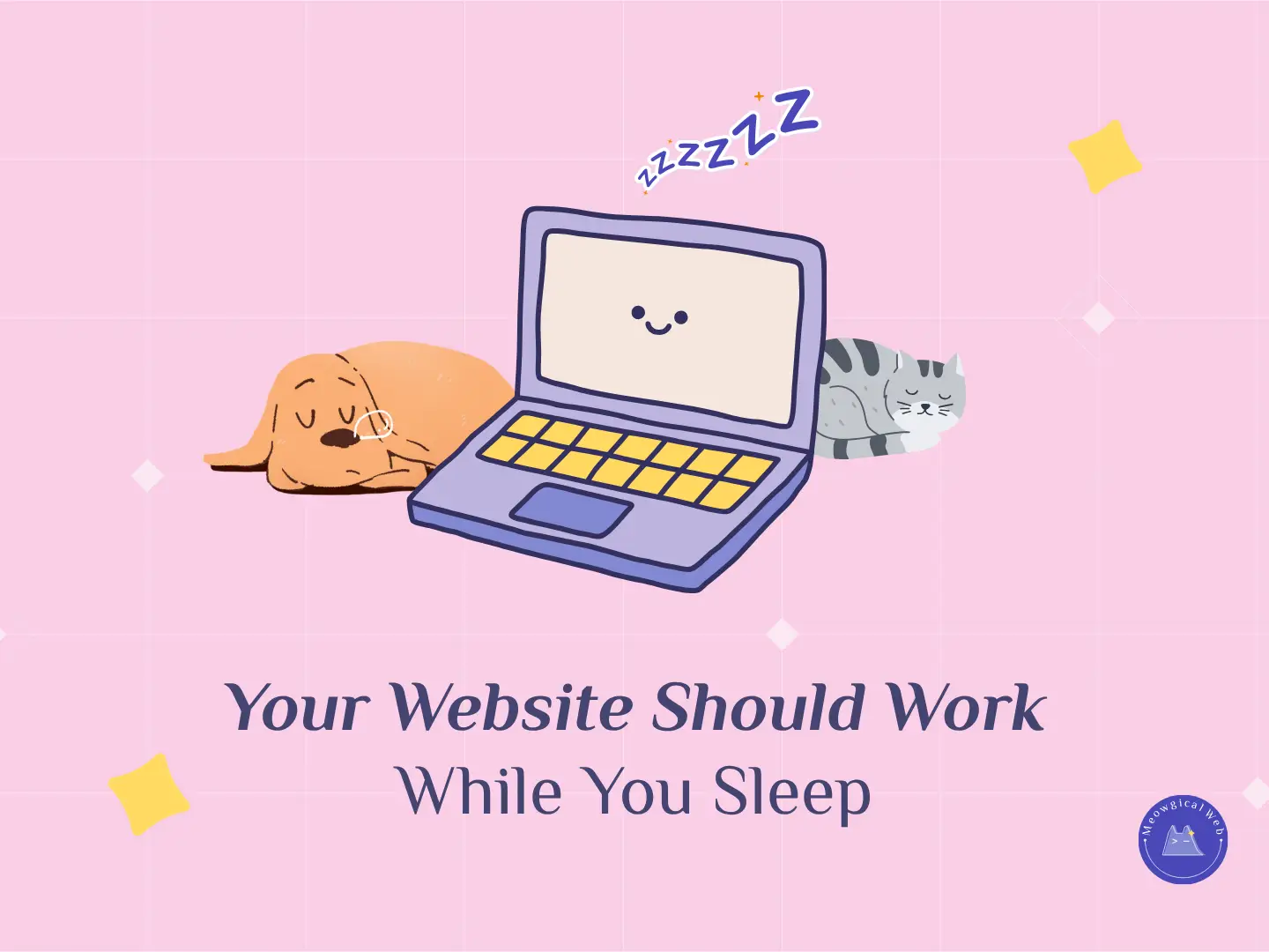 Illustration of a laptop with a smiling screen beside a sleeping dog and cat, representing an automated website working overnight.