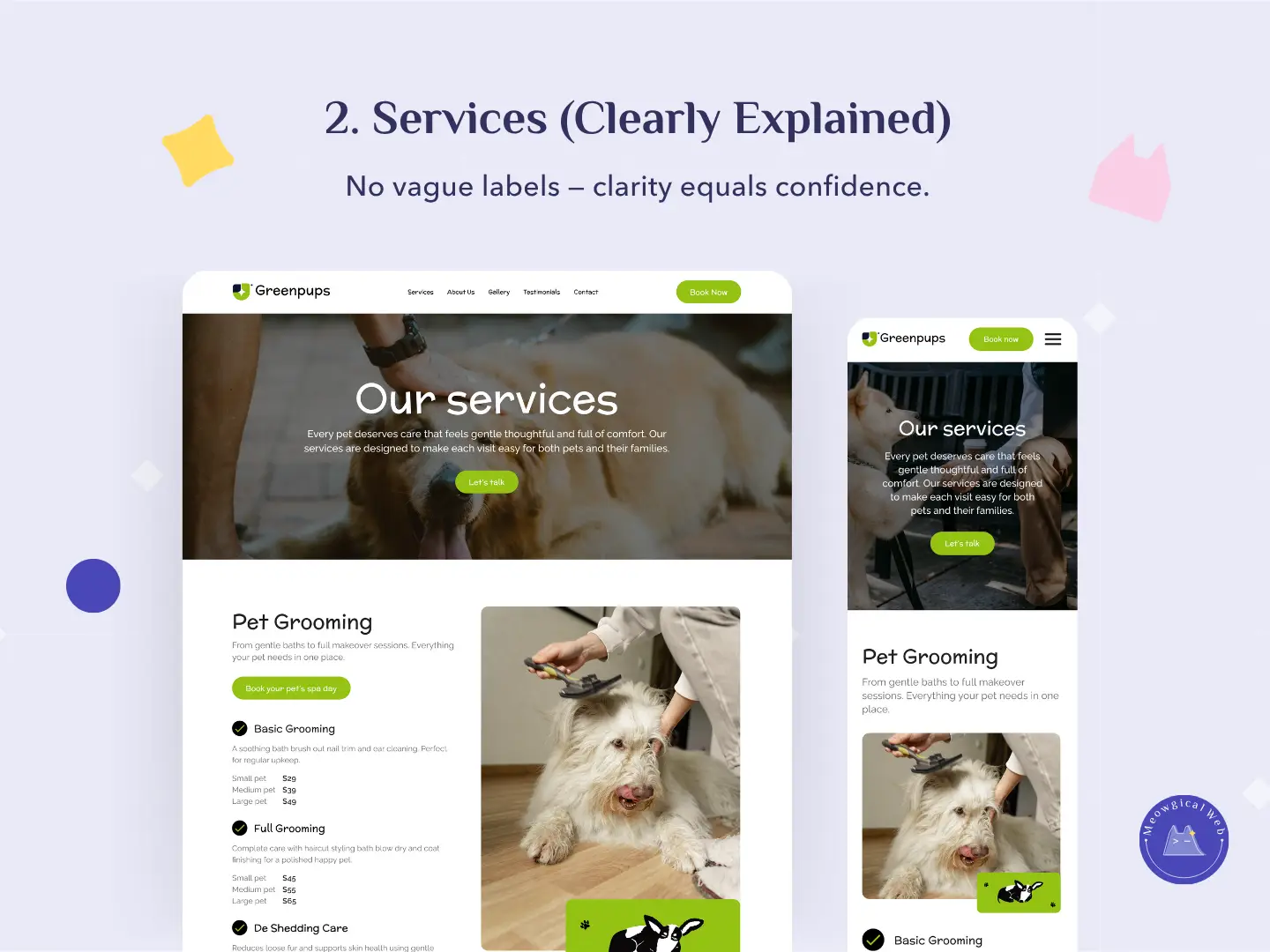 A laptop and a mobile phone showing pet website designs that highlight Services page.