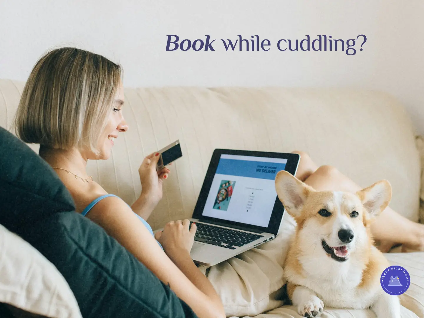Woman booking a pet service on her laptop while sitting on a couch with her dog beside her.