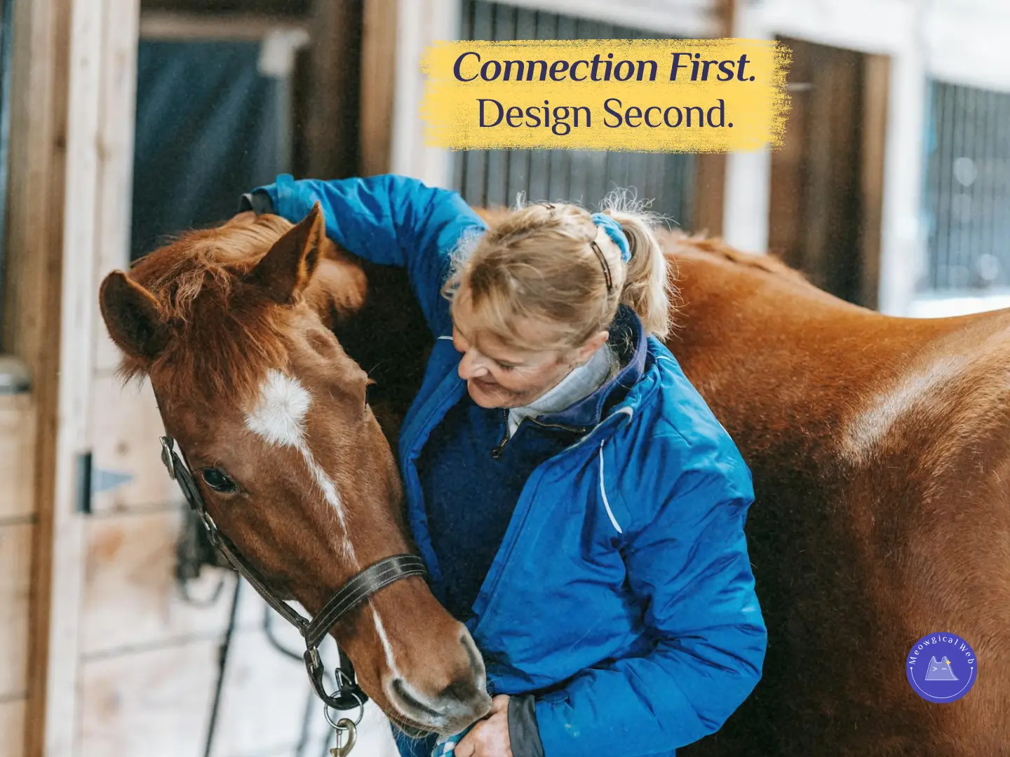 A woman gently bonding with a brown horse, symbolizing the importance of connection before design in pet businesses.