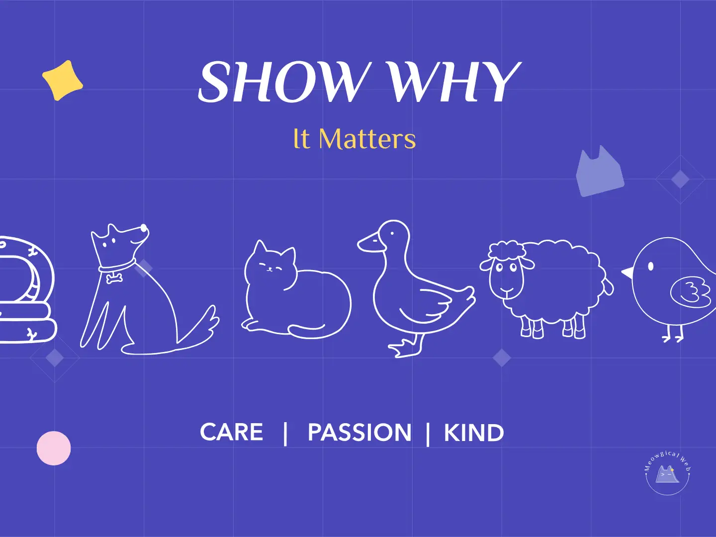 Row of simple animal illustrations with the text “Show Why It Matters,” representing purpose and storytelling in pet branding.