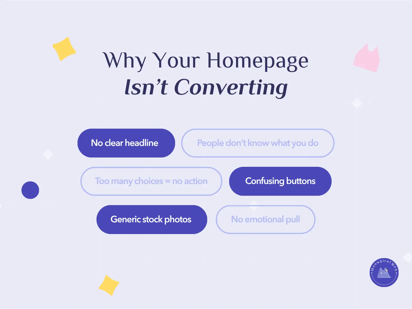 Graphic showing common homepage issues such as no clear headline, confusing buttons, and generic stock photos.