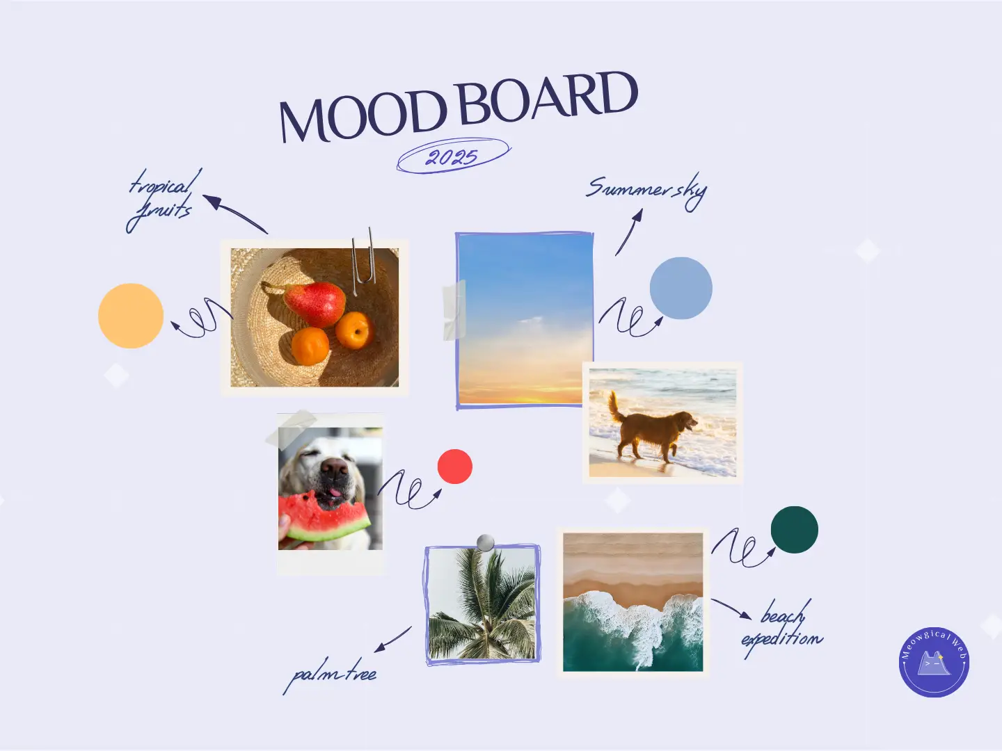 A bright moodboard featuring tropical fruits, beach scenes, pets, palm trees, and summer colors.