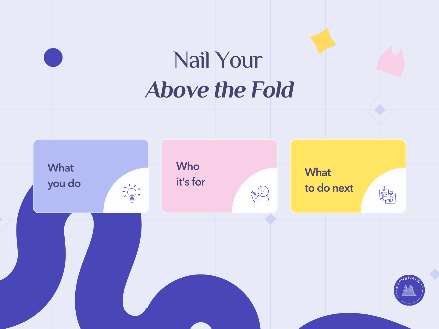 Illustration showing three blocks that explain what to include above the fold: what you do, who it is for, and what to do next.