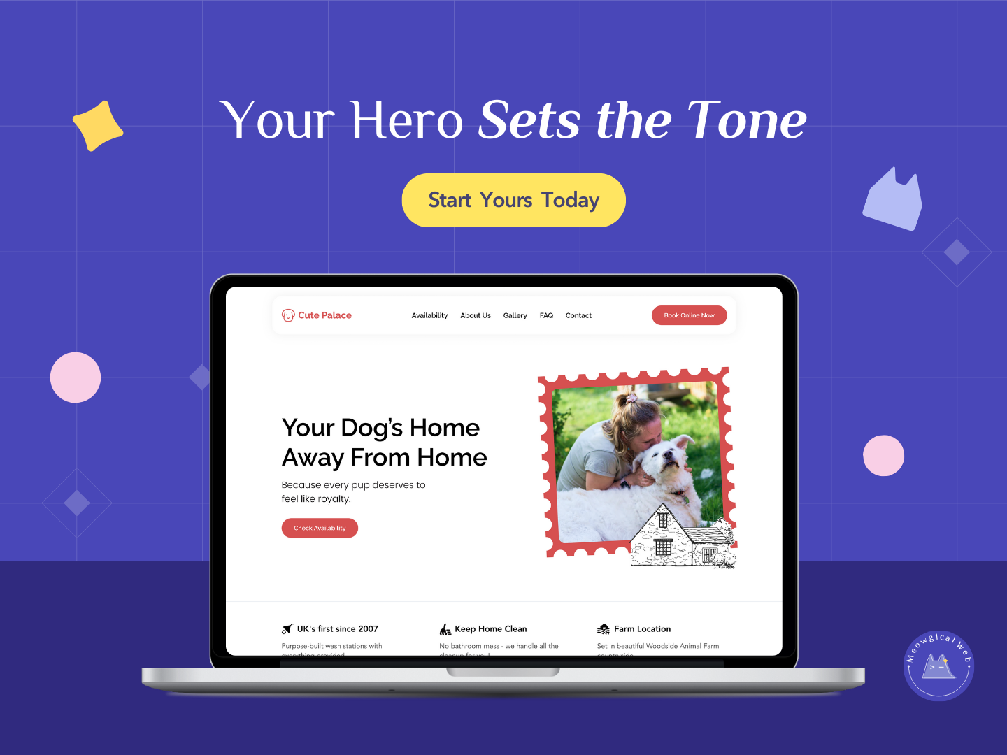 Laptop on a purple background displaying a pet boarding homepage with a warm headline, a friendly dog photo inside a stamp frame, and a clear call to action button. Decorative shapes float around the layout to create a soft and welcoming mood.