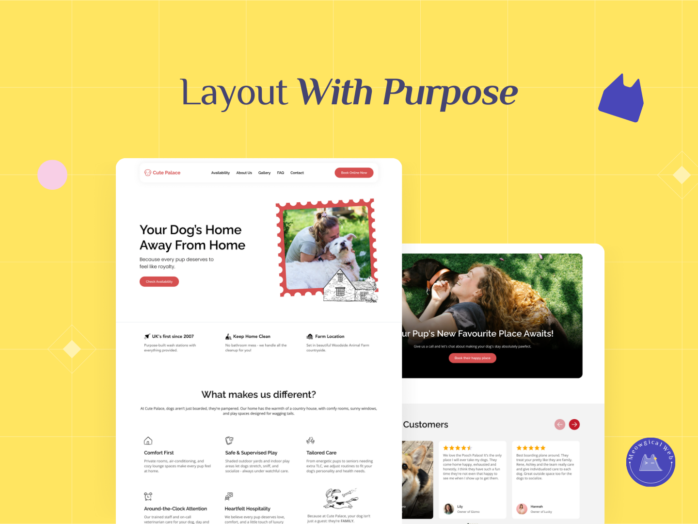 Website layout mockup of a pet care business showing a clear visual hierarchy that guides visitors through key information.