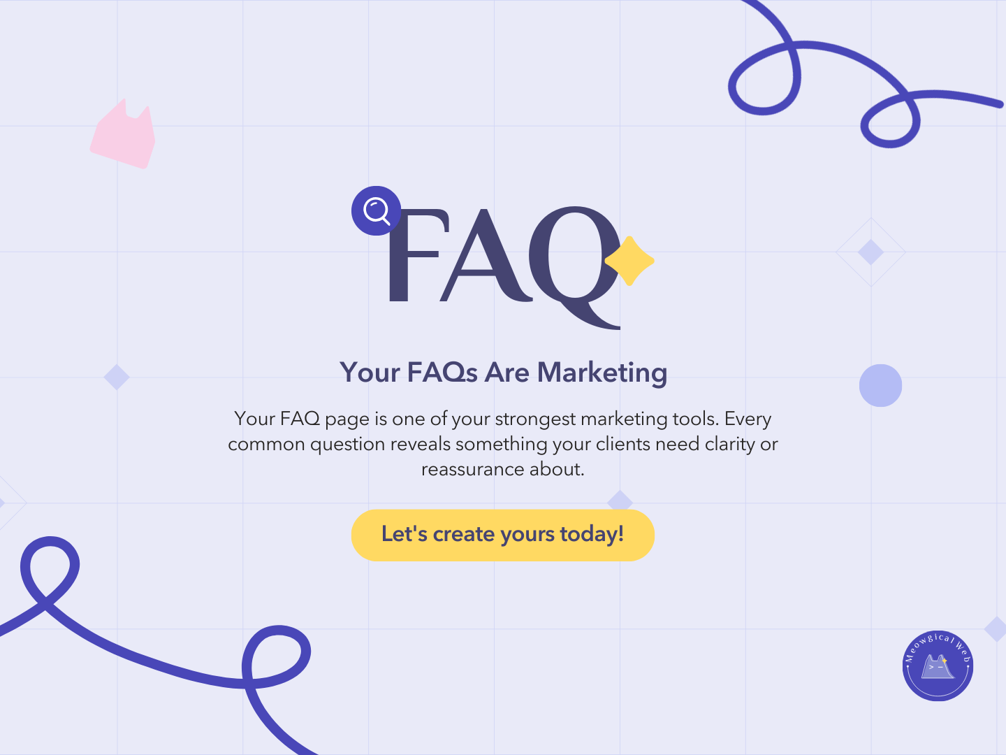 A soft purple graphic with a large FAQ title a small magnifying glass icon and decorative lines highlighting the idea that FAQs are a marketing tool