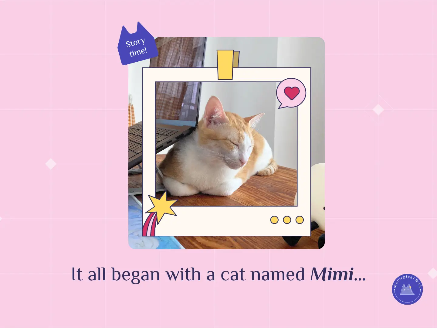 A cat named Mimi resting beside a laptop, inspiring the creation of Meowgical Web.