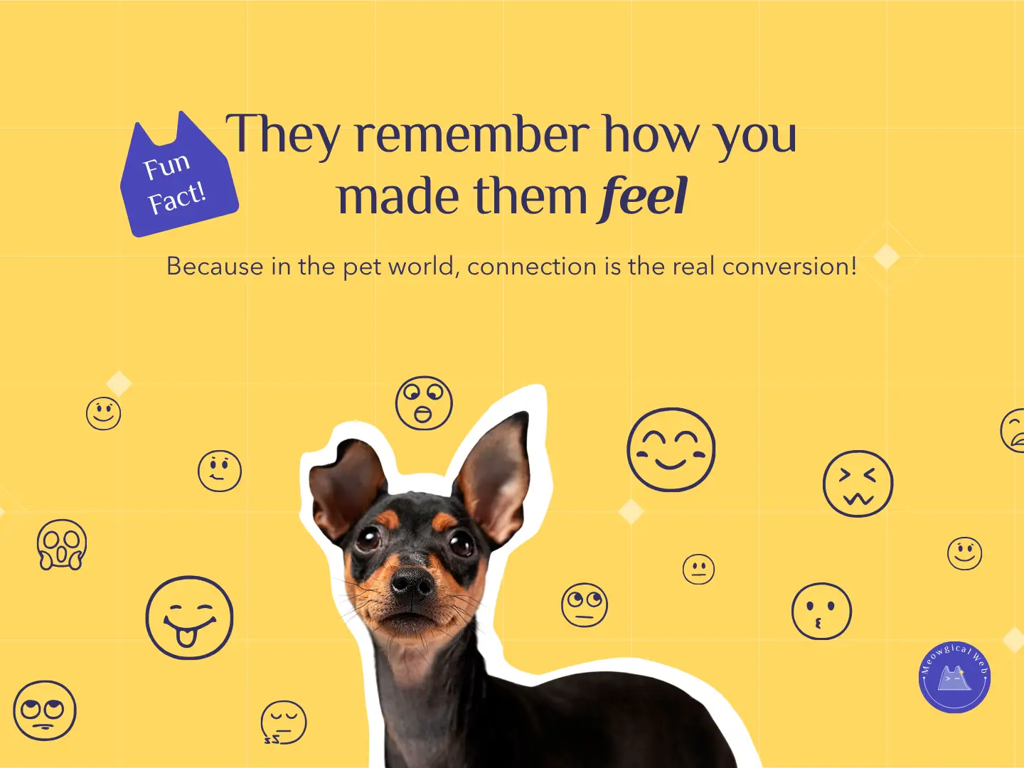 A playful design featuring a small dog and happy face icons on a yellow background with text about emotional connection in pet branding.