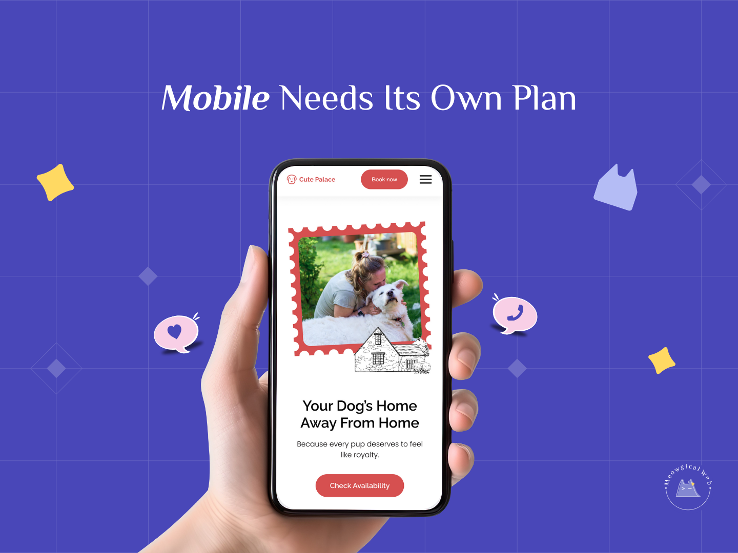 Hand holding a mobile phone showing a pet care website with clear spacing and a simple call to action, demonstrating a mobile friendly layout.