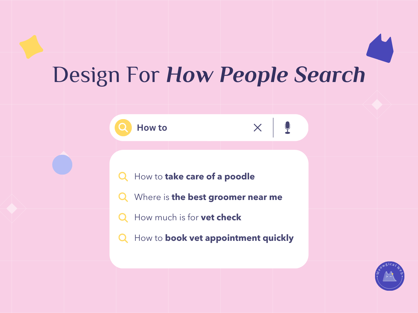 Search bar illustration showing common pet related queries to highlight how websites can match real search habits.