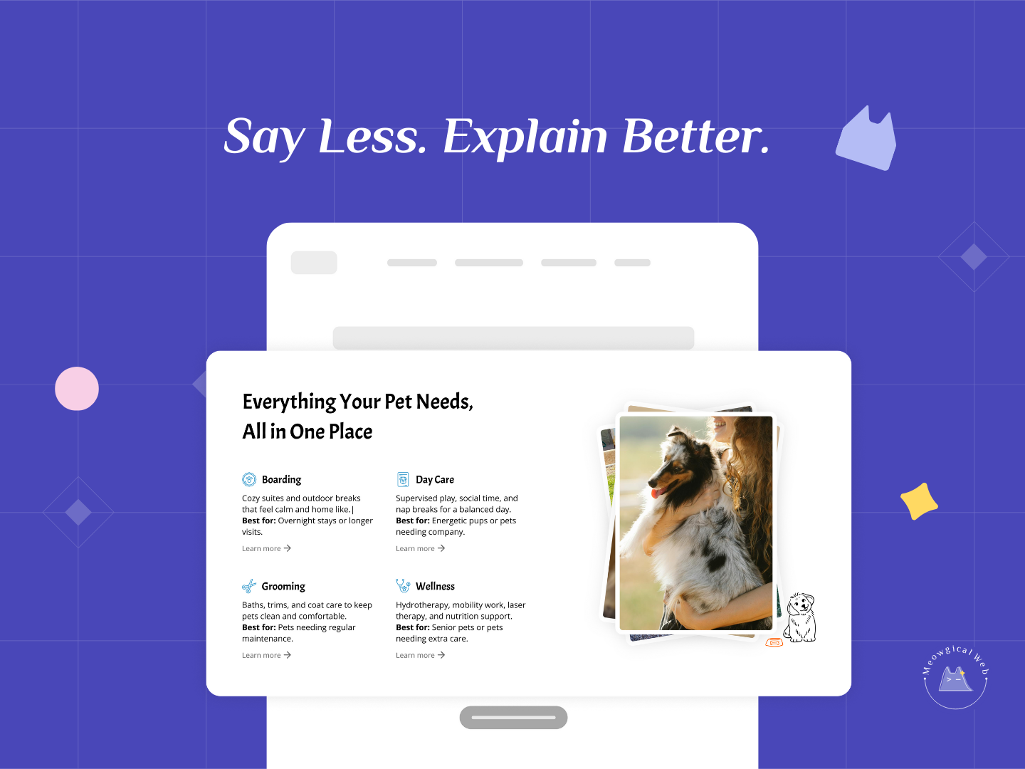 Pet service page layout showing clear sections for services, benefits, and pet suitability on a website mockup.