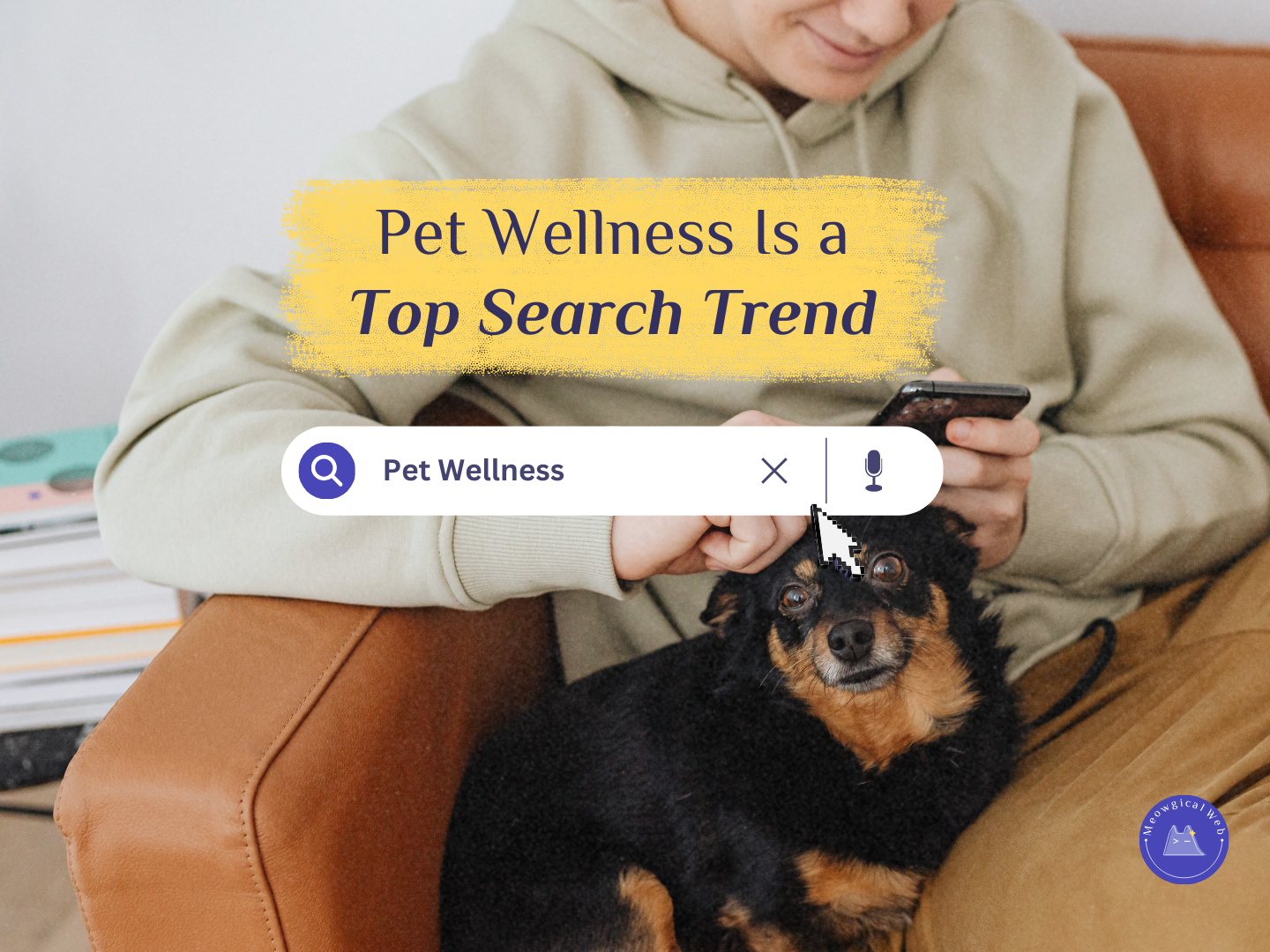Pet parent searching for pet wellness information on a mobile phone while sitting with their dog at home.