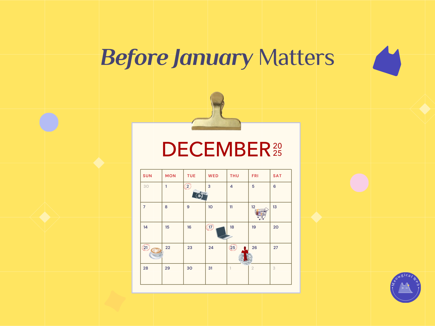 A yellow background with a December calendar clipped at the top, showing marked dates and small icons, used to illustrate planning and preparation before January for pet businesses