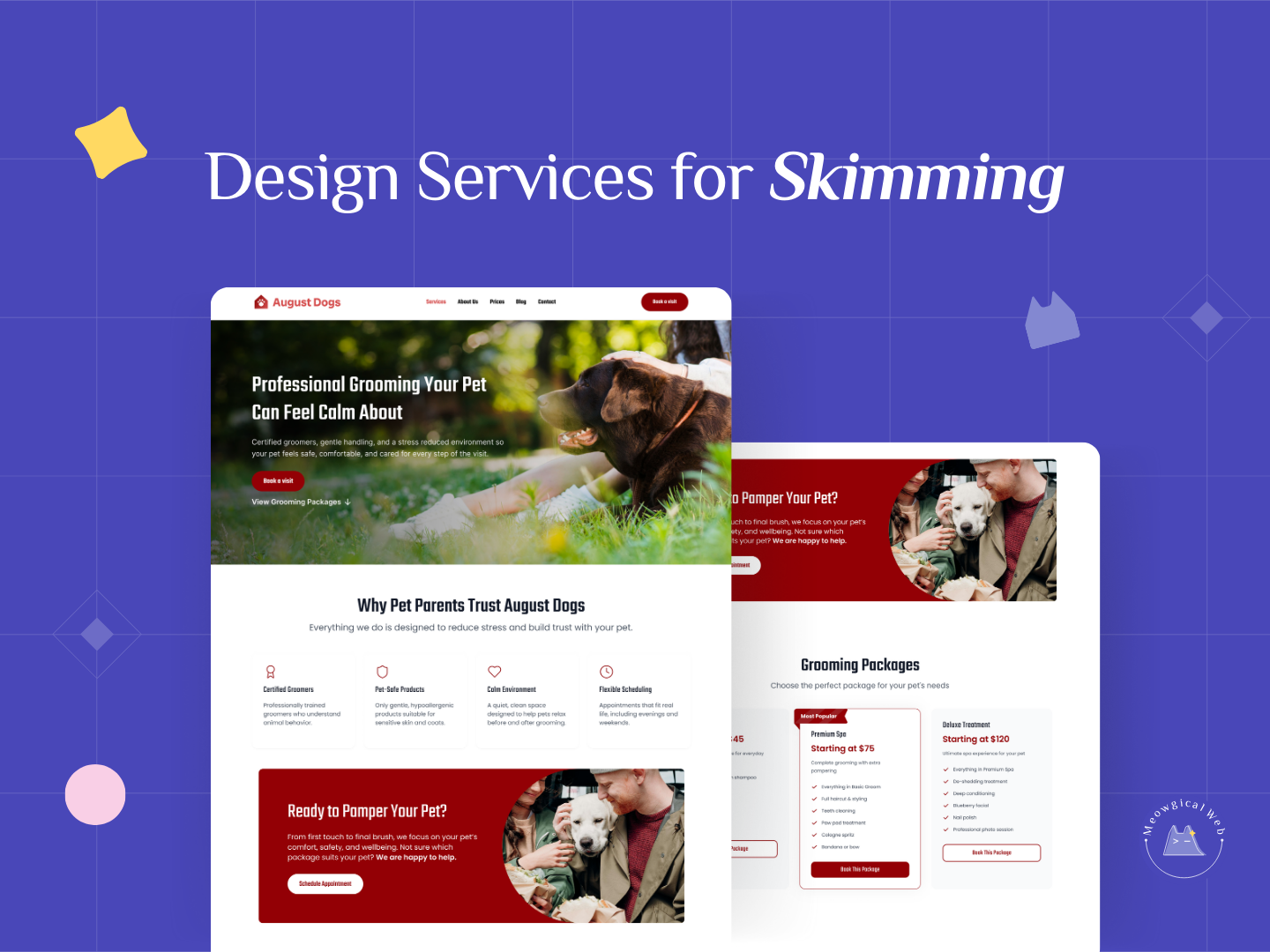 A desktop screen showing a pet grooming website service page with clear sections, large headings, icons, and pricing cards, demonstrating how skimmable design helps pet parents quickly understand services