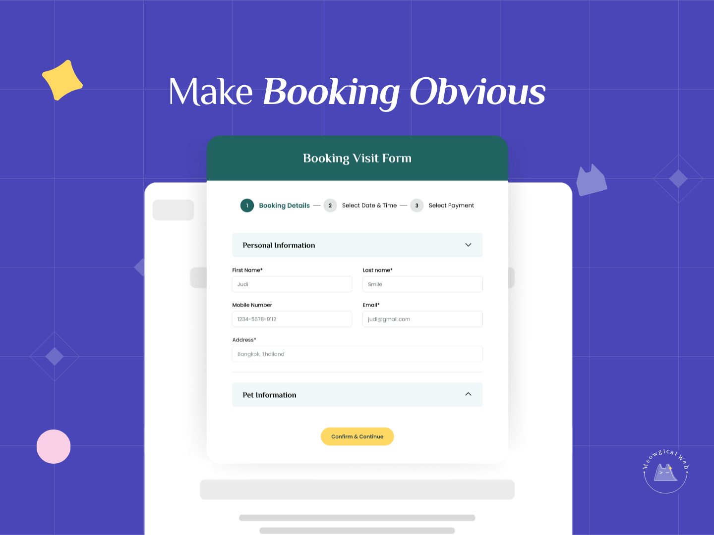 A simple multi step booking form on a pet business website designed to reduce friction and guide users.