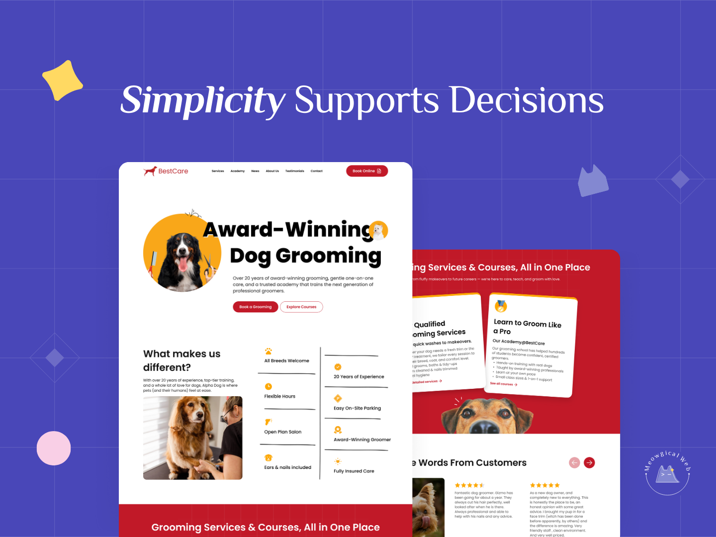 Simplicity supports decisions showing clean pet grooming website layout with clear navigation and services