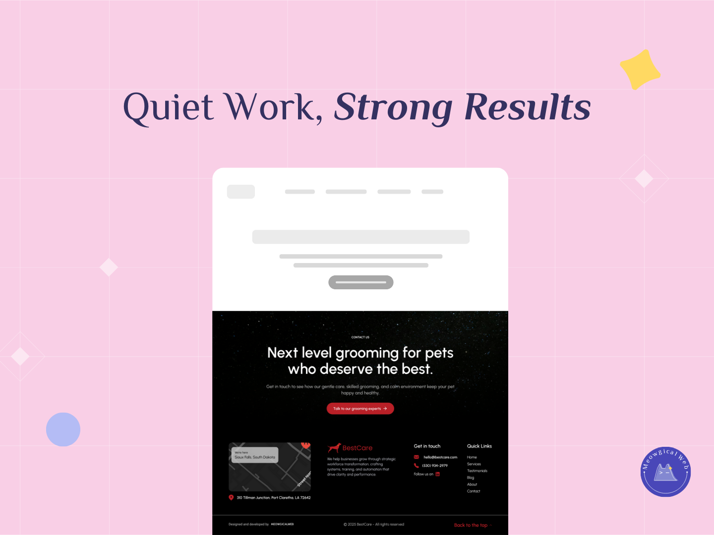 Split screen showing simple clean website layout above detailed pet grooming footer with contact info