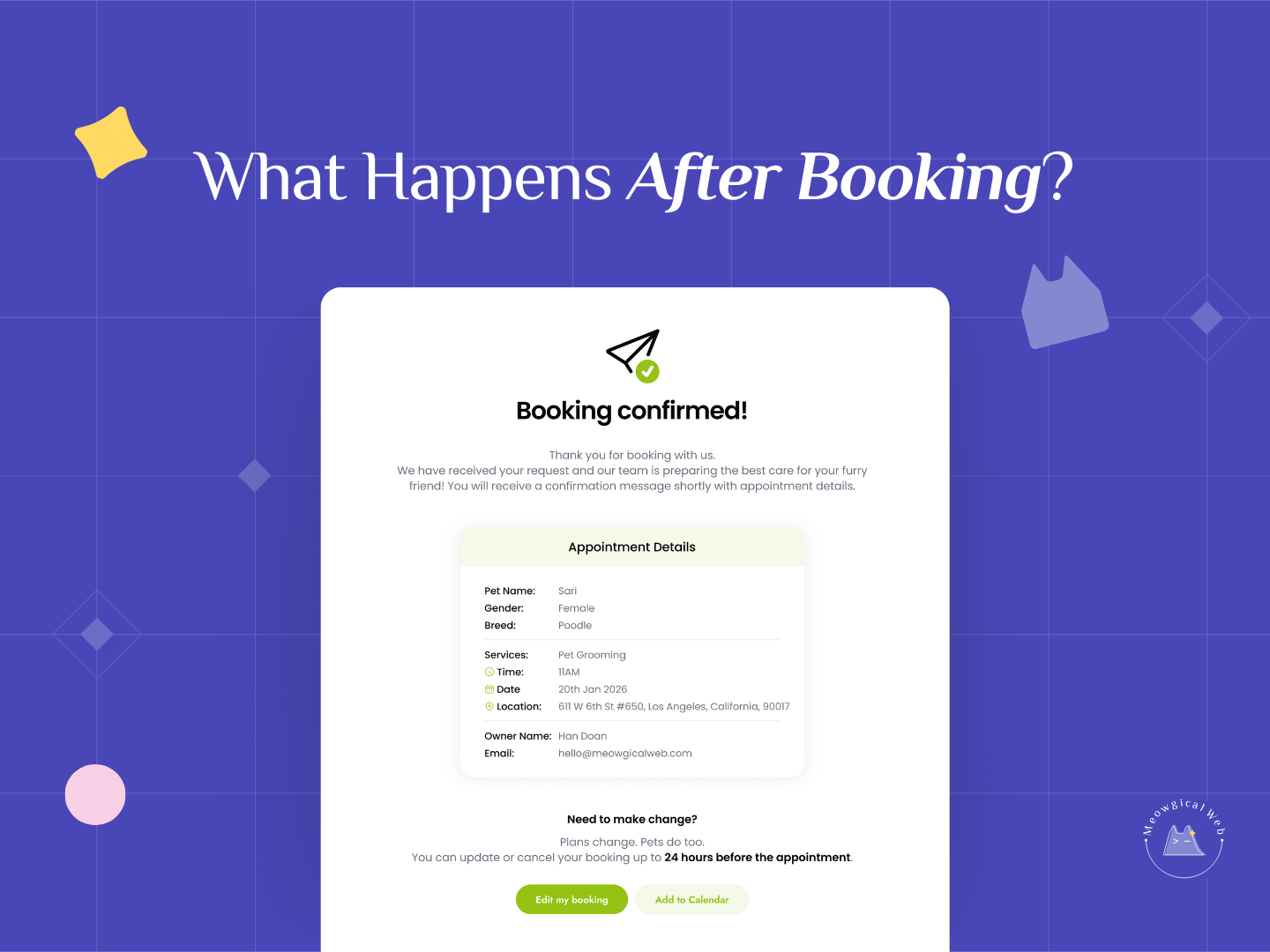 Professional booking confirmation page showing appointment details for pet grooming services with clear next steps