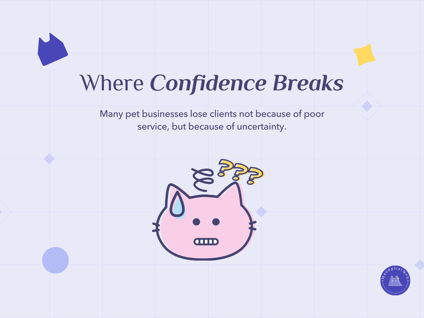 Confused pink cat with question marks showing uncertainty that causes pet business clients to leave
