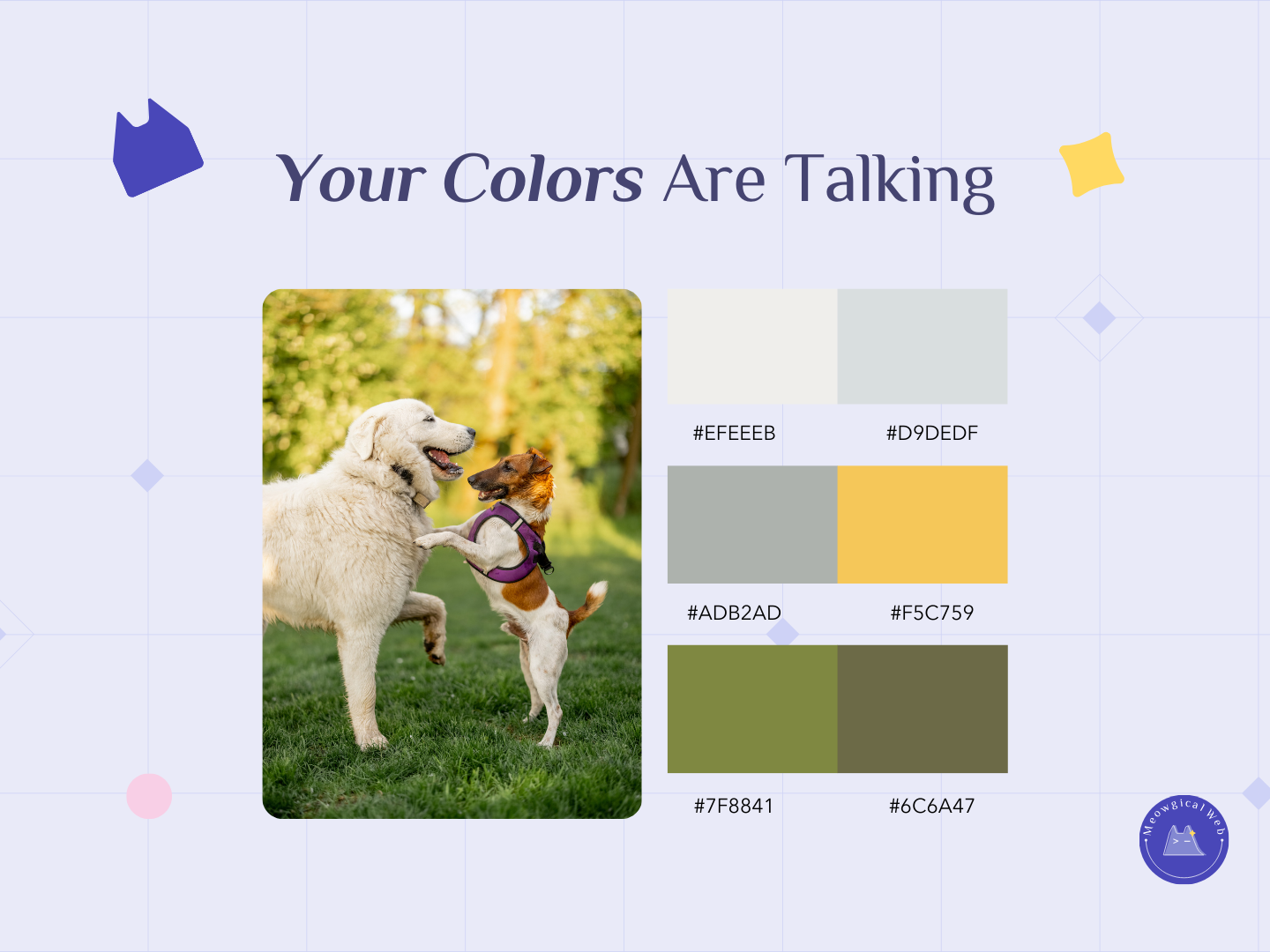 Natural color palette showing calming greens, yellows, and earth tones inspired by dogs playing outdoors