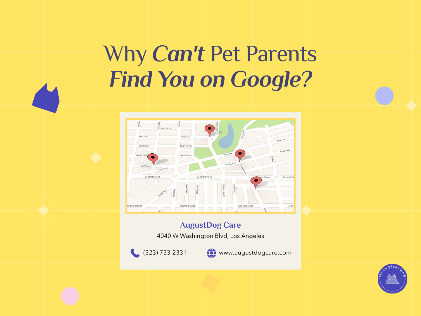 Google Maps showing multiple pet business location pins with contact information for local search visibility