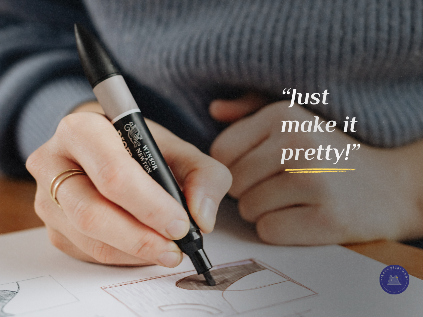 Person sketching website design emphasizing that pretty design must be paired with functional solutions