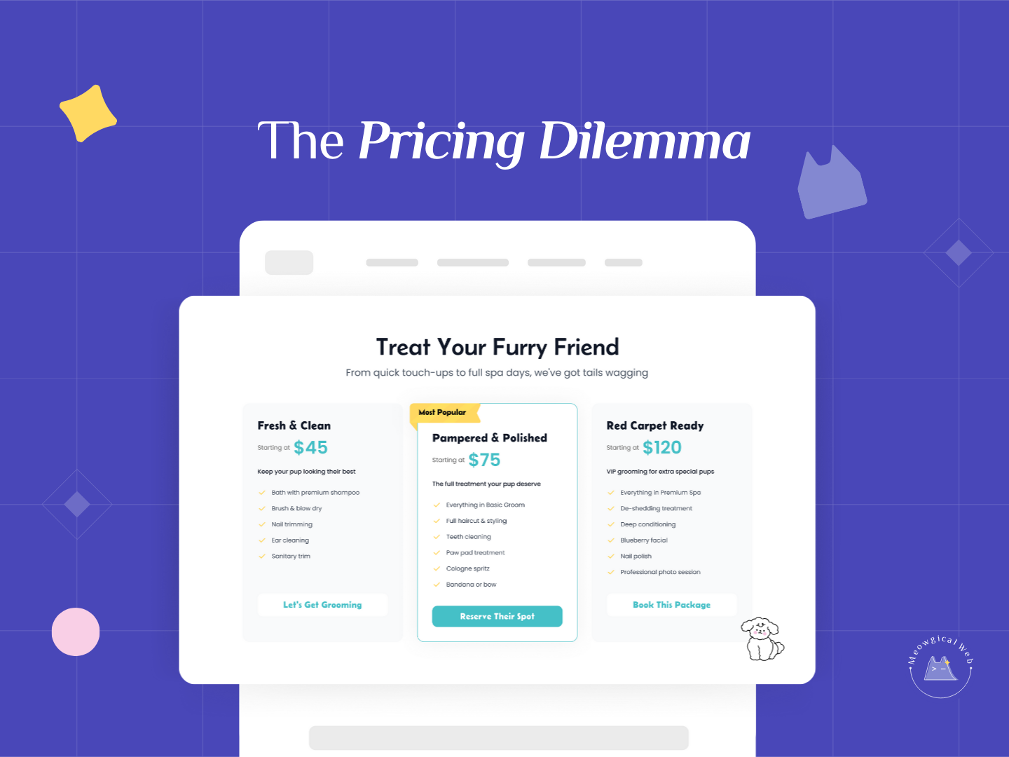 Pet grooming pricing page showing three service tiers with clear prices and package details for transparency