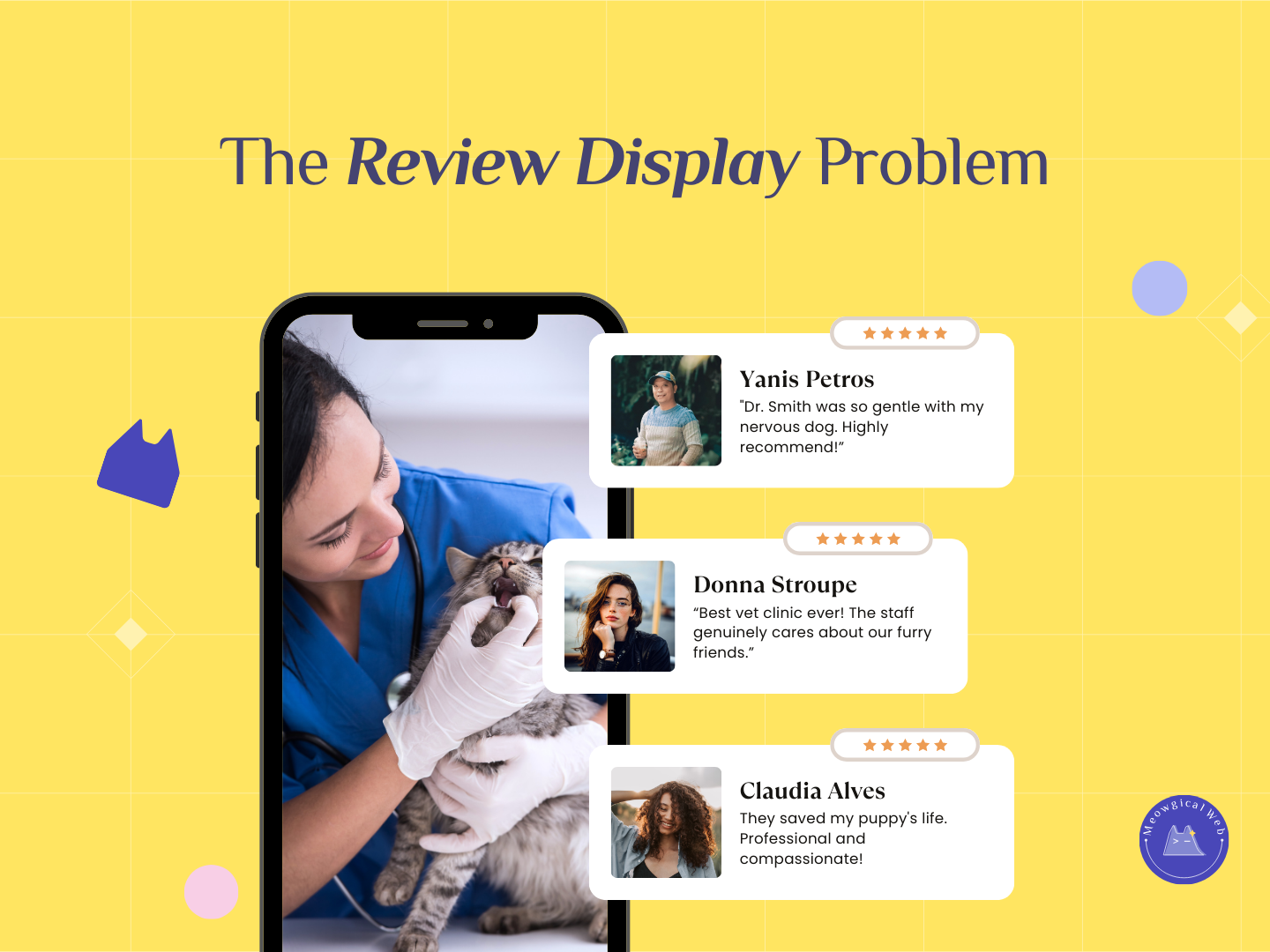 Mobile phone showing pet business review testimonials with client photos and detailed feedback about veterinary care