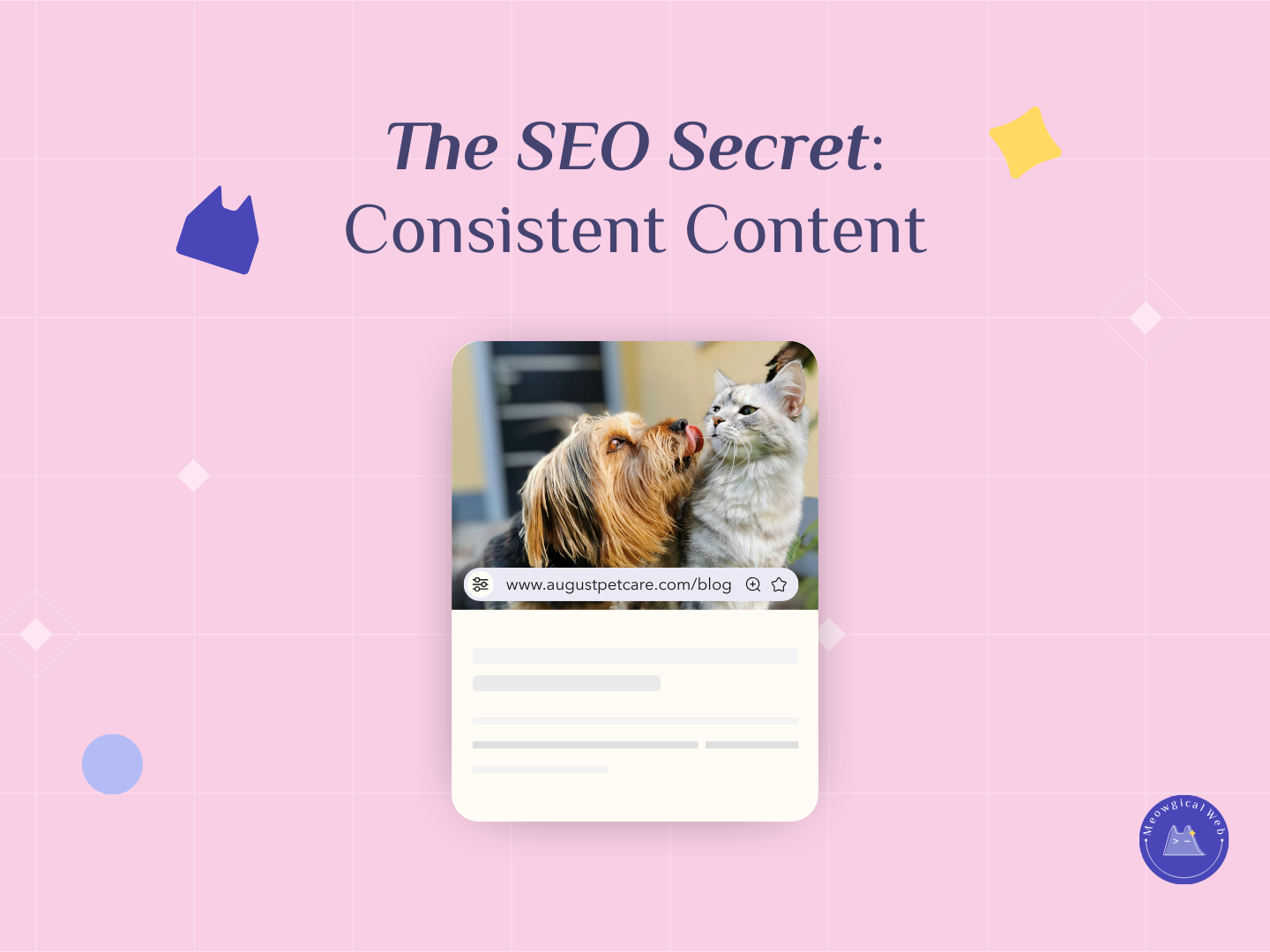 Mobile browser showing pet business blog with cute pet photos demonstrating content marketing strategy