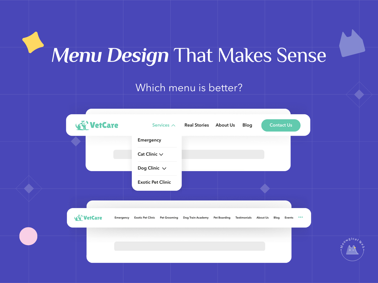 Pet business website menu navigation comparison showing cluttered versus clean organized menu design for vet clinic