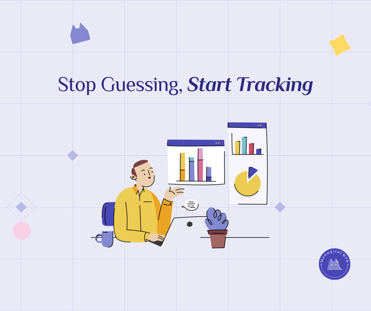 Person reviewing website analytics dashboard with charts and graphs showing marketing tracking data illustration