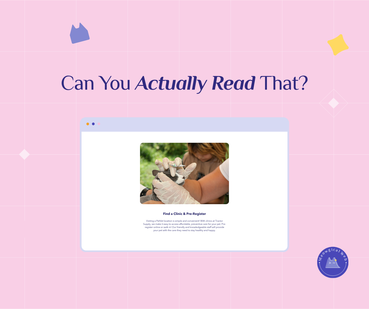 Pet clinic website showing small unreadable text demonstrating poor website readability and design mistakes