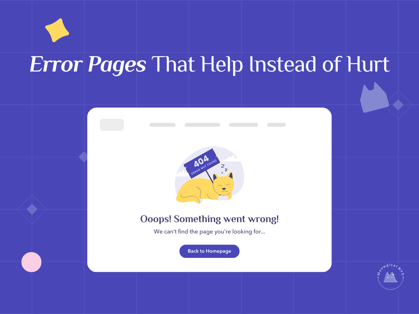 Pet business 404 error page design showing friendly helpful message with cat illustration and back to homepage button