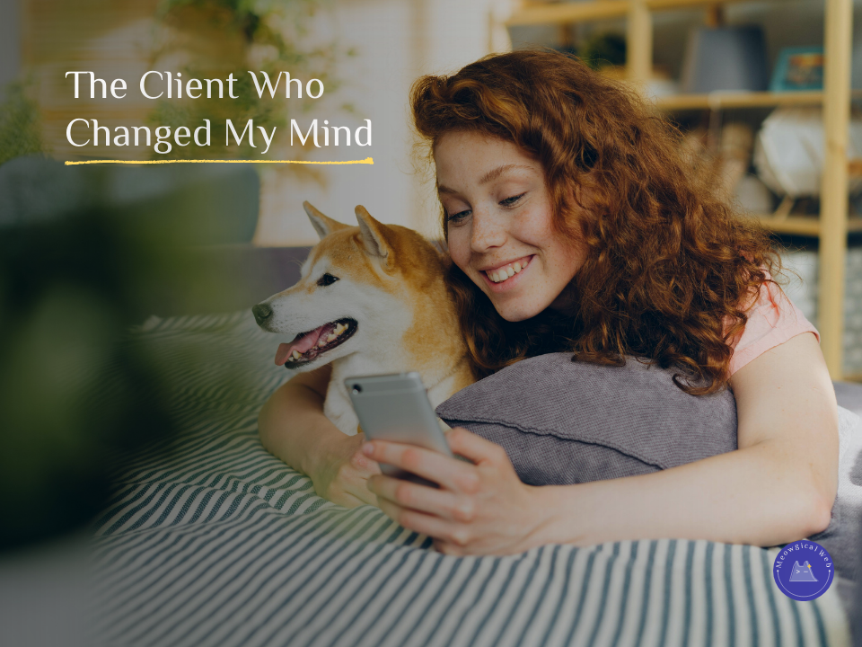 Happy woman with shiba inu dog looking at mobile phone showing positive client experience and testimonial
