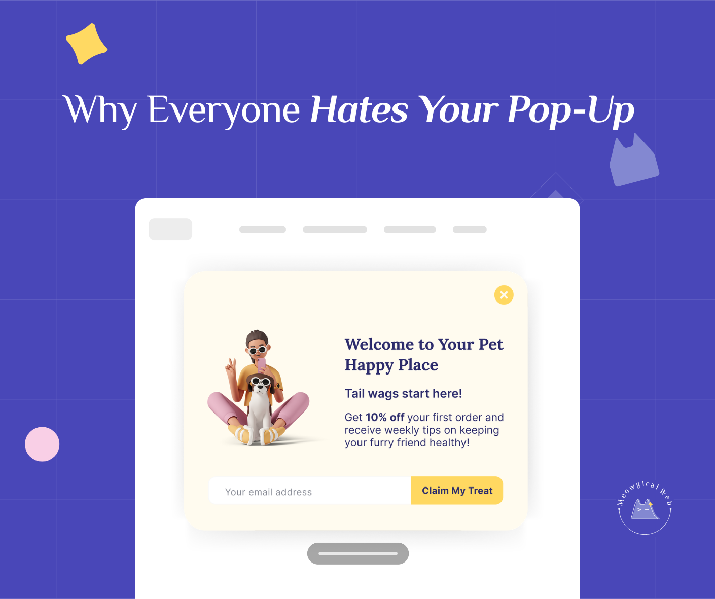 Pet business website showing intrusive popup blocking content with newsletter signup and discount offer bad user experience