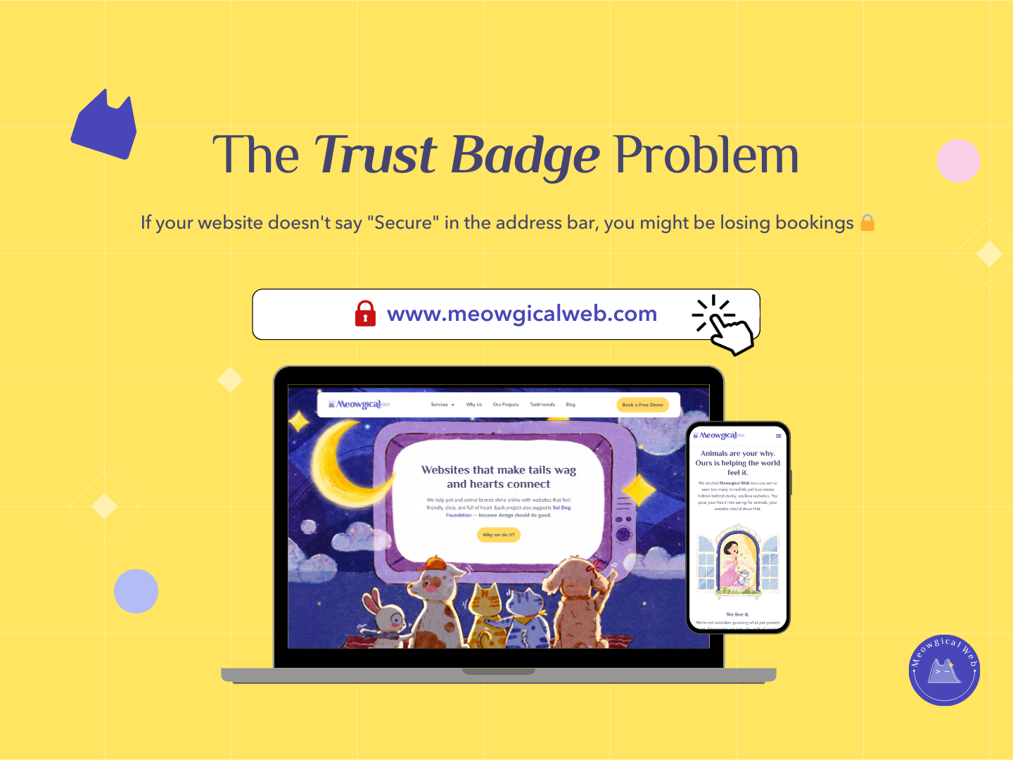 Pet business website showing SSL security padlock icon and HTTPS trust badge in browser address bar