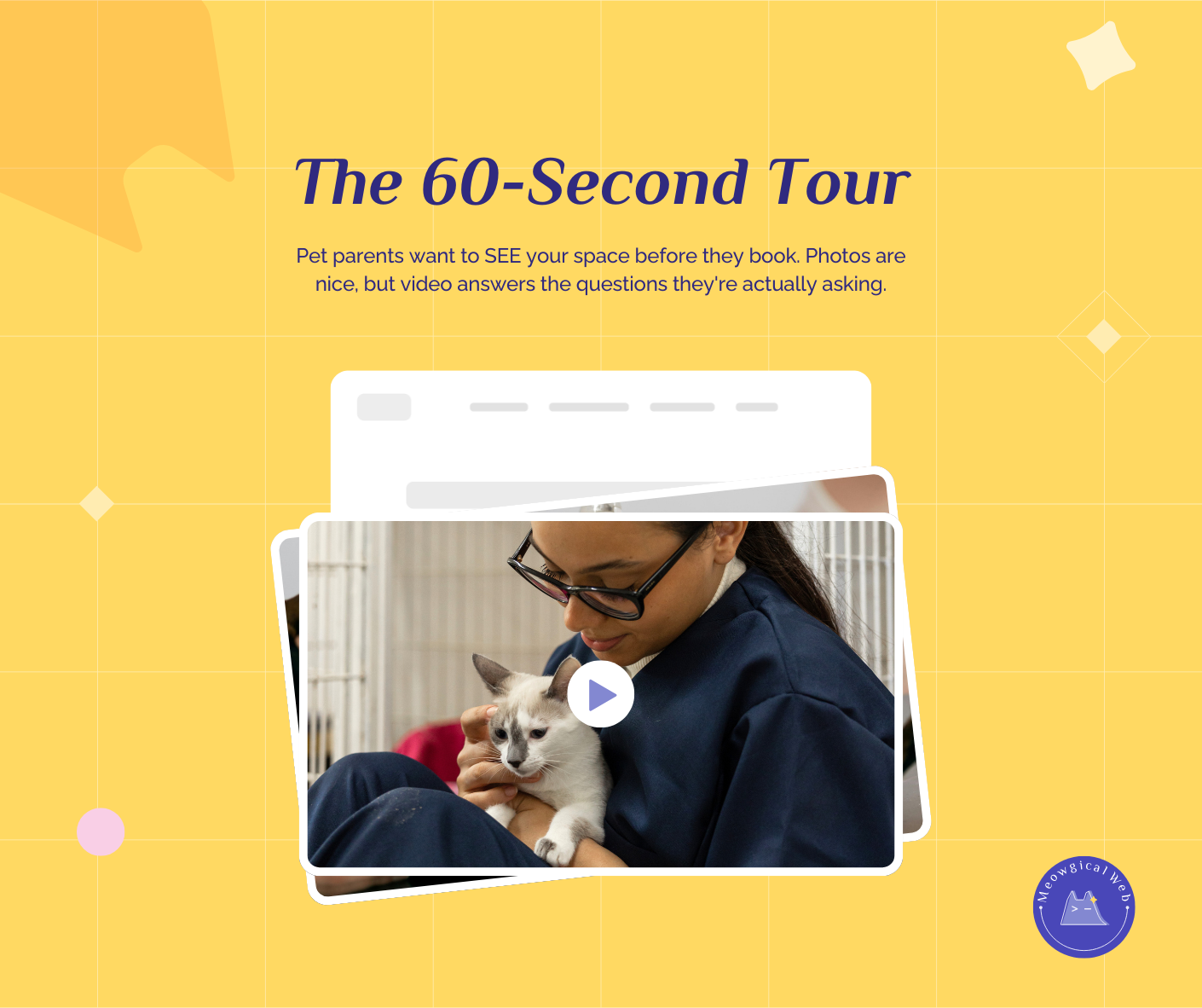 Video play button graphic with text asking if your pet business website has any video content to build trust with potential clients