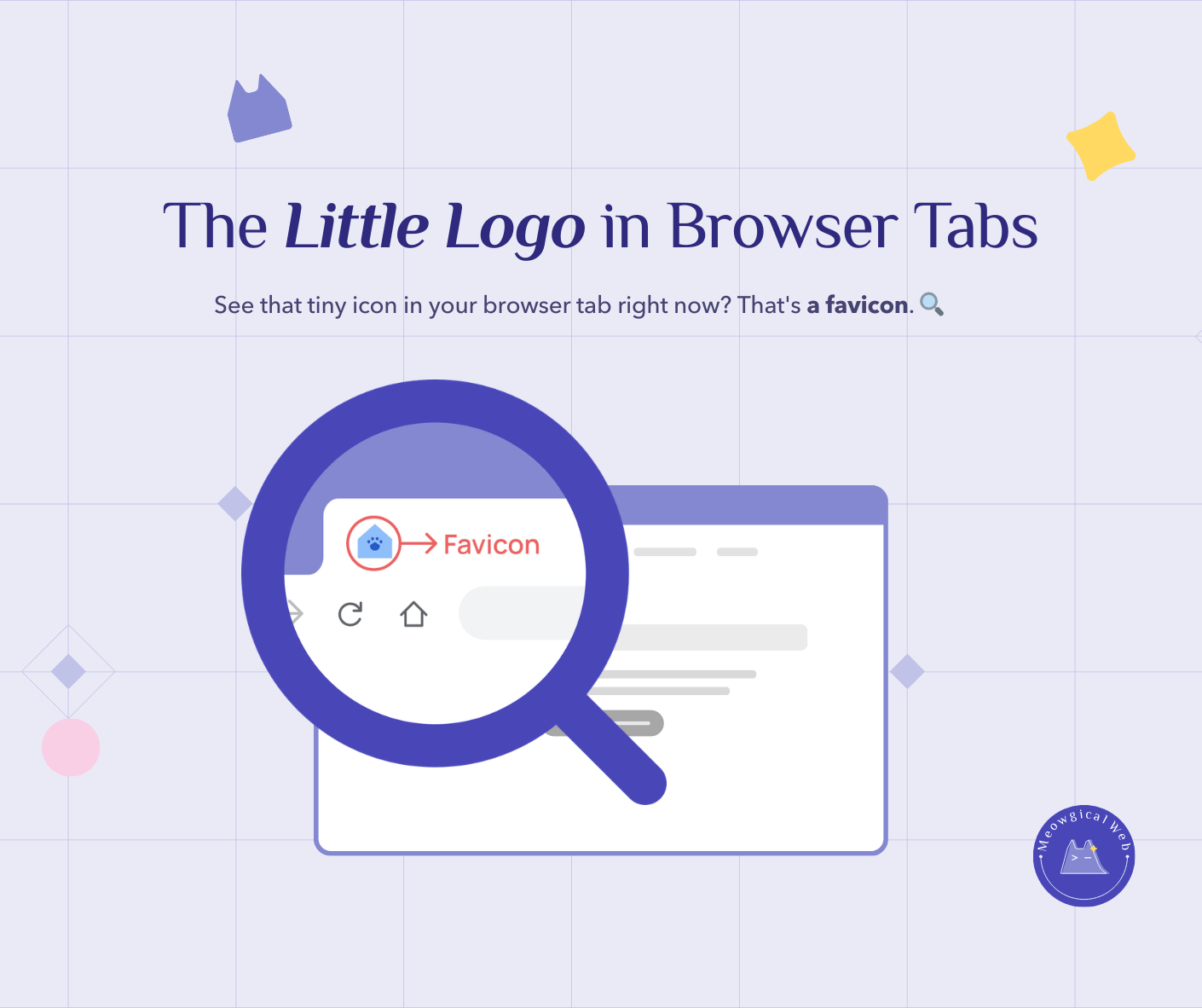 Browser tab showing favicon icon location with magnifying glass demonstrating what favicons are and why websites need them